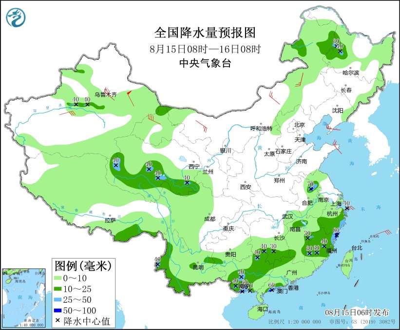 8月15日新疆青海等地有中到大雨  江南华南等地多分散性对流