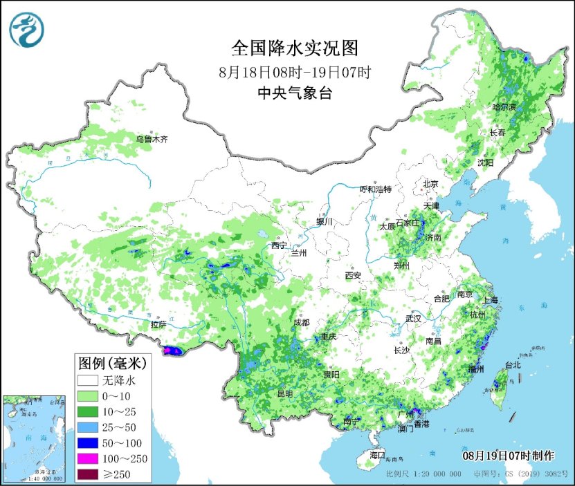 8月19日全国降雨较为分散 西北西南华南局地有大到暴雨